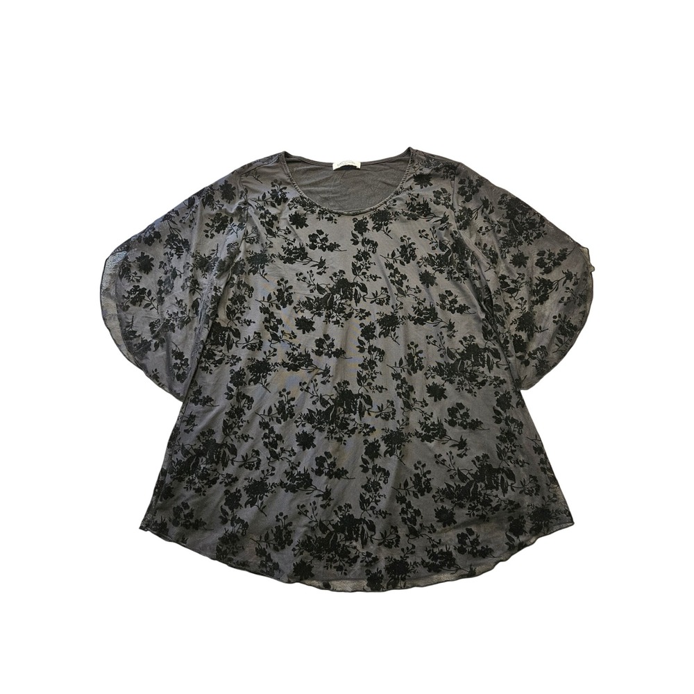Sese Code Floral Burnout Velvet Flutter Sleeve Blouse Charcoal Grey‎ XXL Plus